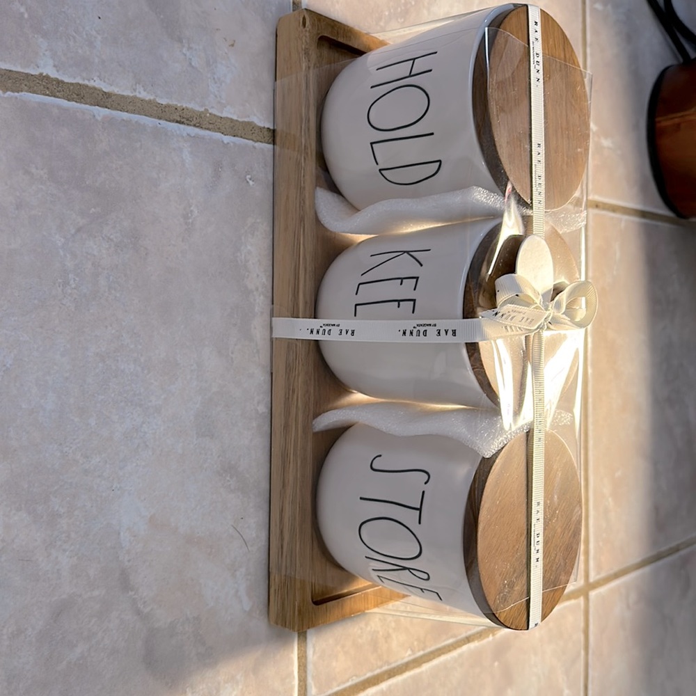 Rae Dunn three small canisters on wooden tray.NWT